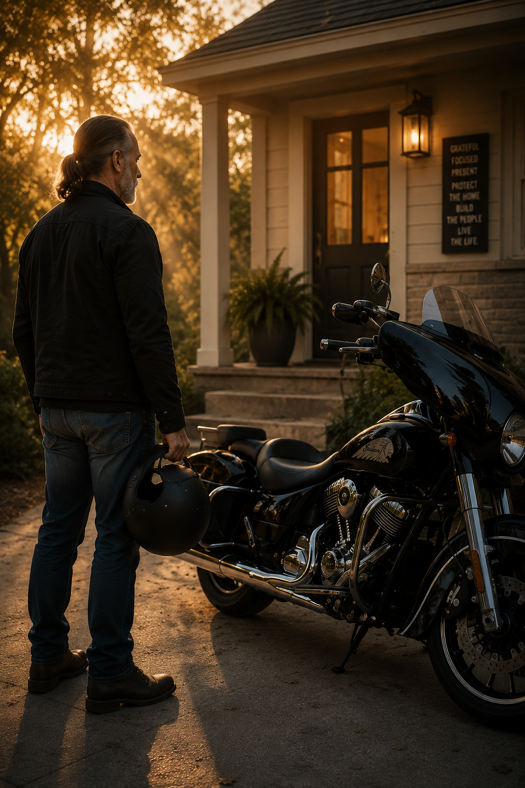 A man at his driveway with his Indian motorcycle at golden hour